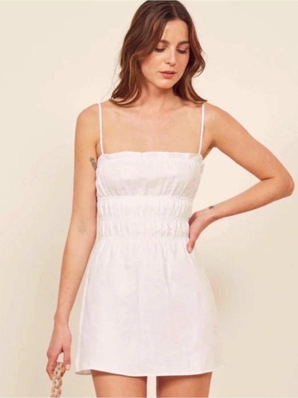 Reformation White Mini Sundress with Smocked Waist